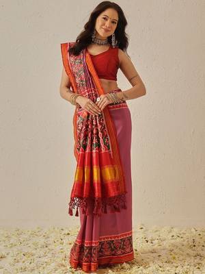 Pink woven art silk traditional saree with blouse piece 1