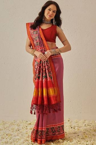 Pink woven art silk traditional saree with blouse piece