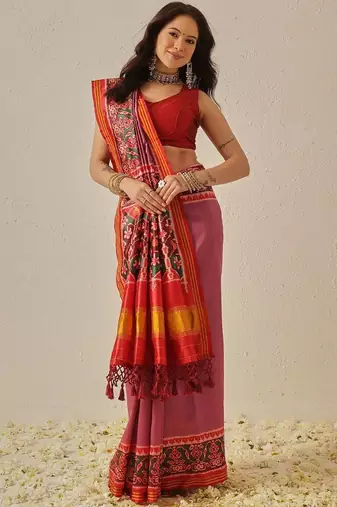 Pink woven art silk traditional saree with blouse piece