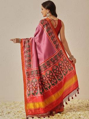 Pink woven art silk traditional saree with blouse piece 2