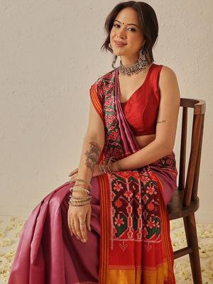 Pink woven art silk traditional saree with blouse piece 3