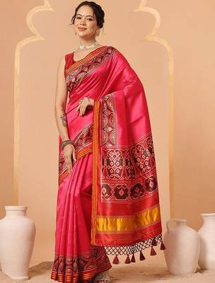 Pink woven art silk traditional saree with blouse piece 1