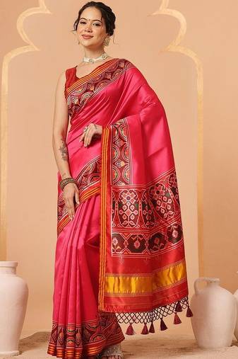 Pink woven art silk traditional saree with blouse piece