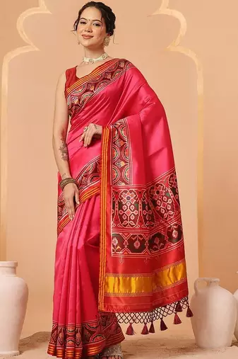 Pink woven art silk traditional saree with blouse piece