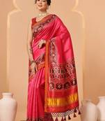 Pink woven art silk traditional saree with blouse piece