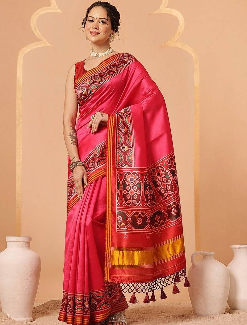 Pink woven art silk traditional saree with blouse piece