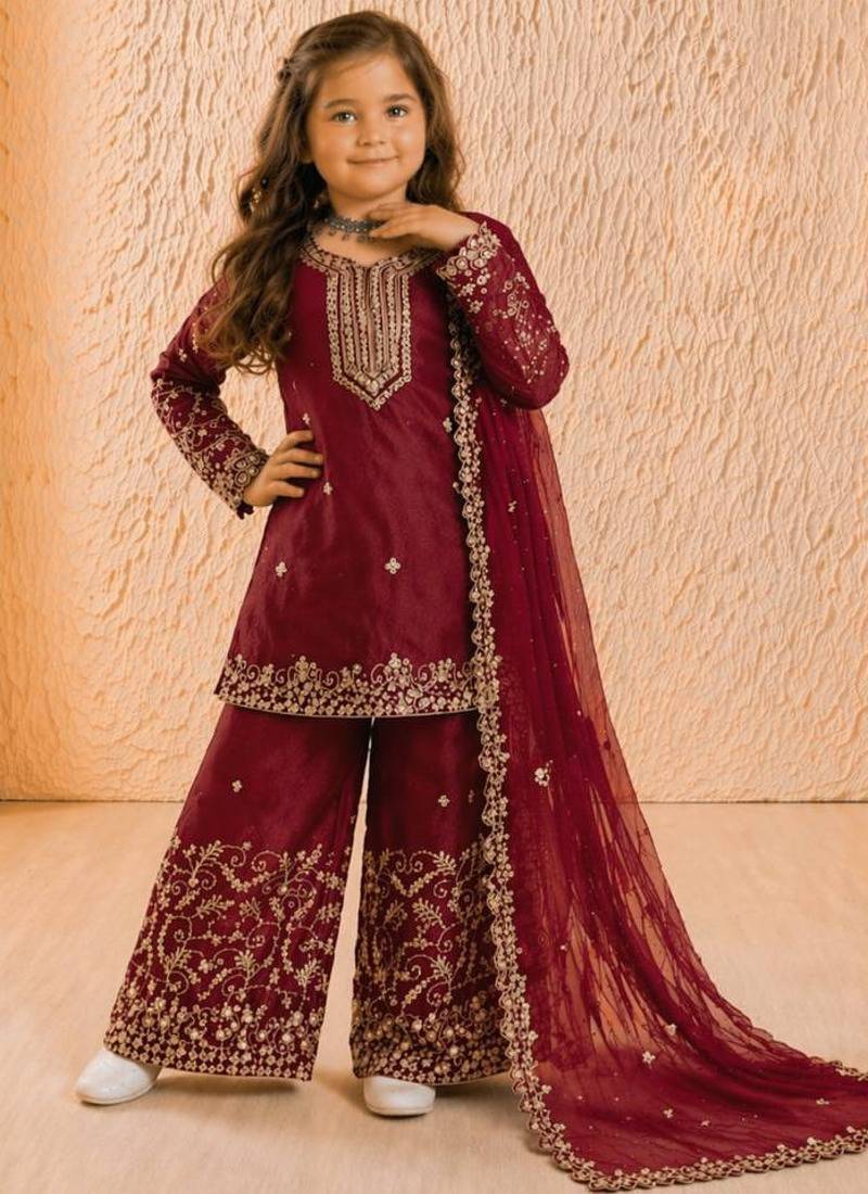 maroon pure gmy silk salwar suit set with heavy embroidery 3 mm sequence & coding dori work - designer party wear