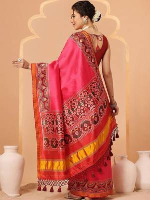 Pink woven art silk traditional saree with blouse piece 2