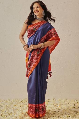 Navy blue woven art silk traditional saree with blouse piece