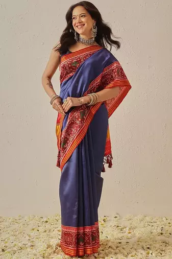Navy blue woven art silk traditional saree with blouse piece