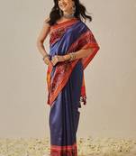 Navy blue woven art silk traditional saree with blouse piece