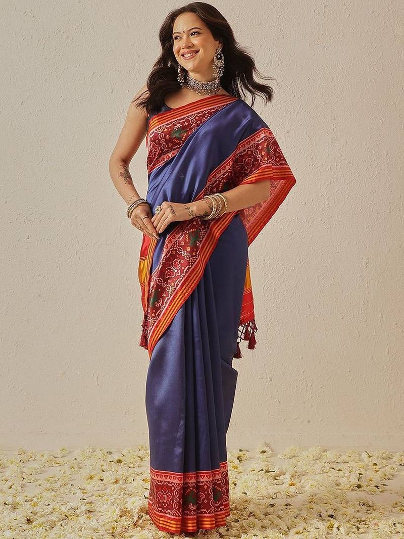 Navy blue woven art silk traditional saree with blouse piece