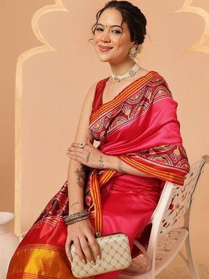 Pink woven art silk traditional saree with blouse piece 3
