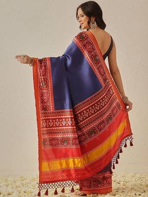 Navy blue woven art silk traditional saree with blouse piece 2