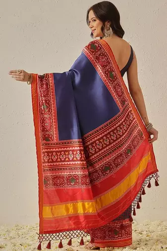 Navy blue woven art silk traditional saree with blouse piece