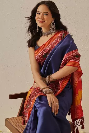 Navy blue woven art silk traditional saree with blouse piece
