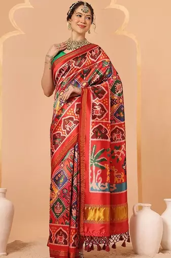 Red woven art silk traditional saree with blouse piece