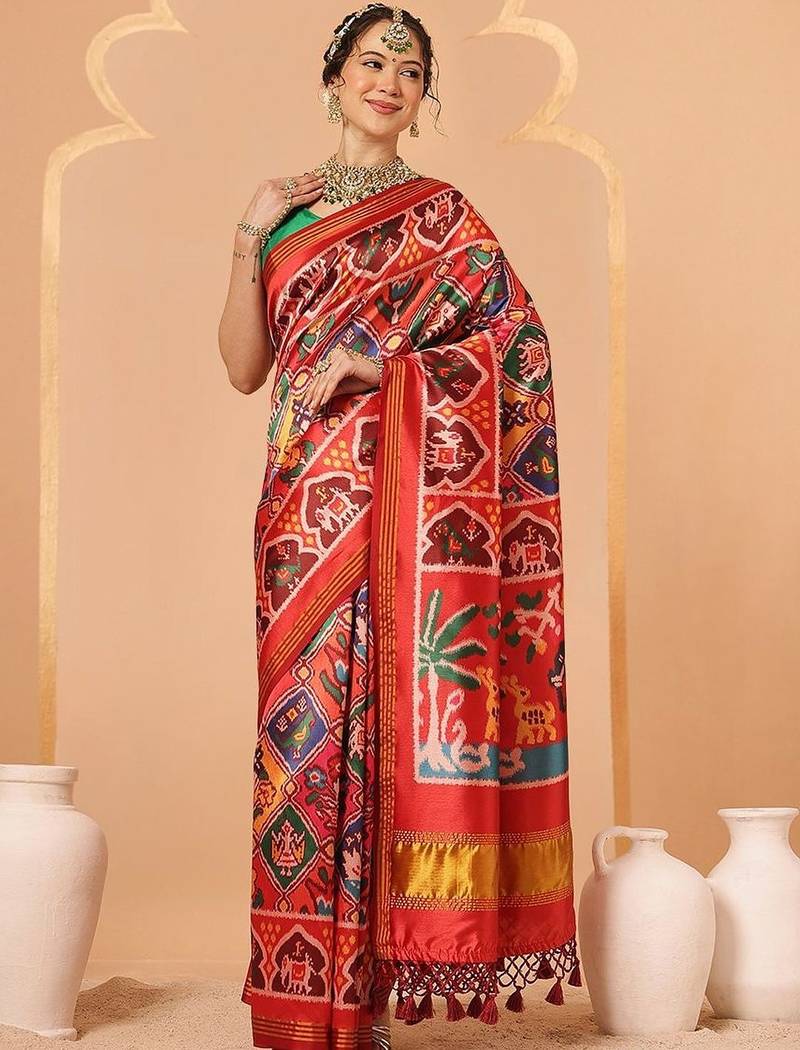 Red woven art silk traditional saree with blouse piece