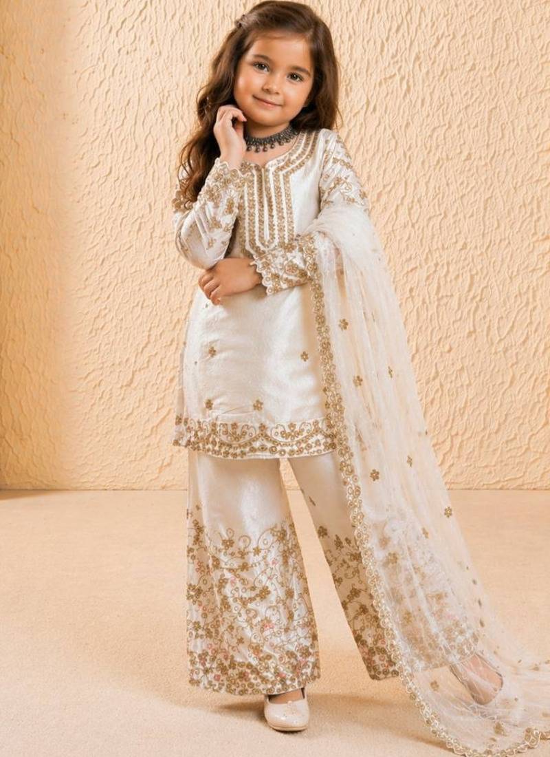 white pure gmy silk salwar suit set with heavy embroidery 3 mm sequence & coding dori work - designer party wear