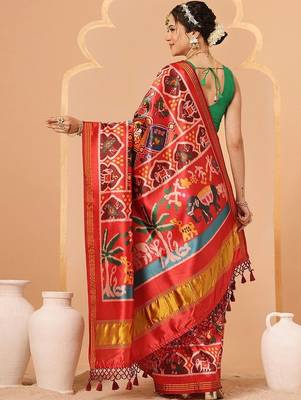 Red woven art silk traditional saree with blouse piece 2