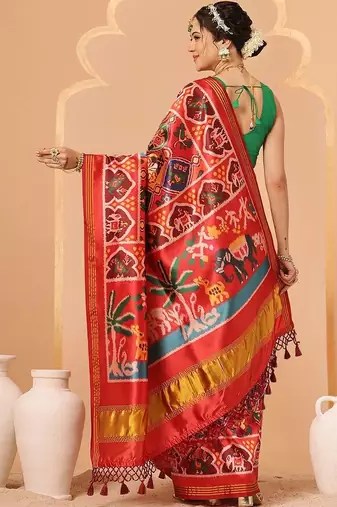 Red woven art silk traditional saree with blouse piece