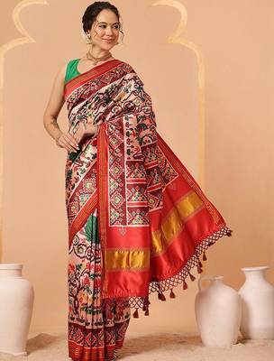 Off white printed art silk ethnic saree with blouse piece 1
