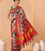 Off white printed art silk ethnic saree with blouse piece