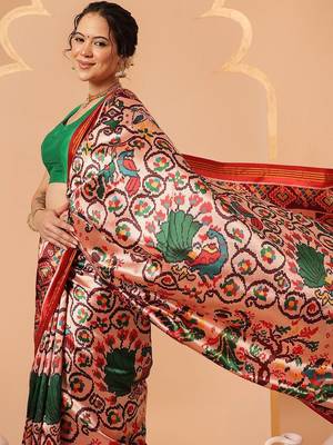 Off white printed art silk ethnic saree with blouse piece 3