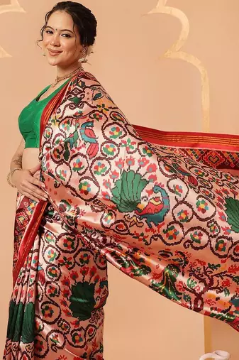 Off white printed art silk ethnic saree with blouse piece