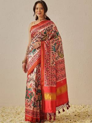 Pink woven art silk traditional saree with blouse piece 1