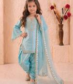 Sky blue pure roman glass sillk salwar suit set with heavy embroidery sequence work - designer party wear