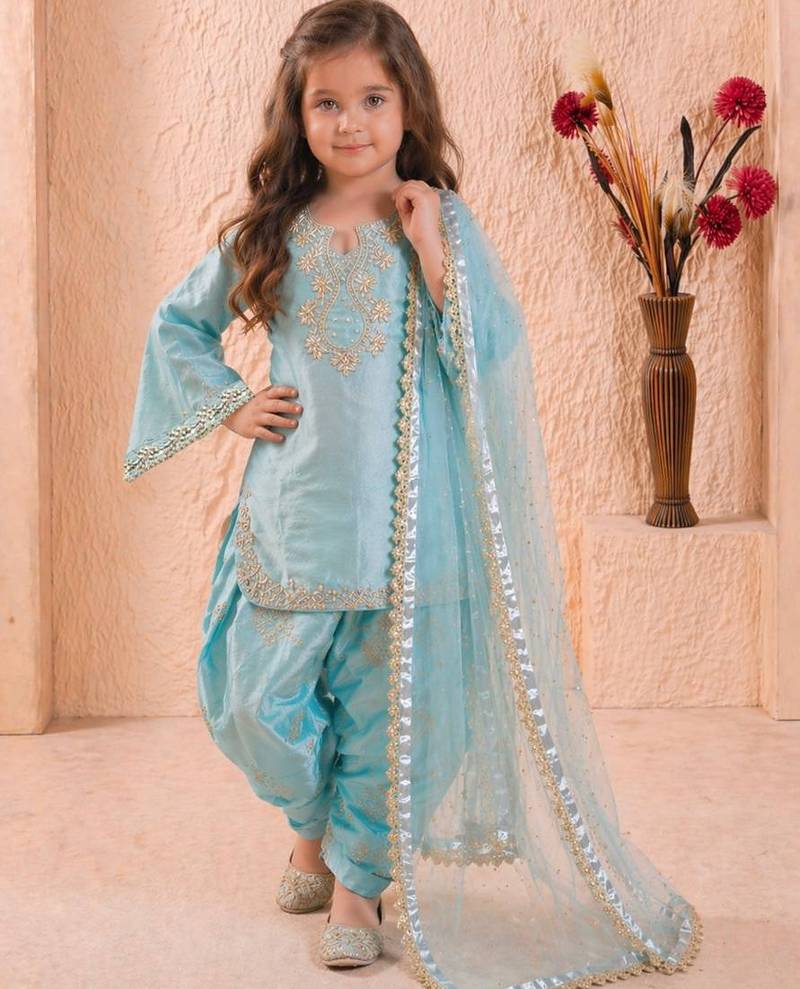 Sky blue pure roman glass sillk salwar suit set with heavy embroidery sequence work - designer party wear