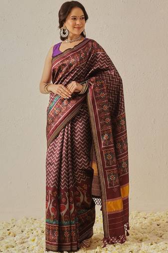 Maroon woven art silk traditional saree with blouse piece