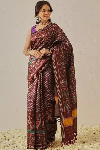 Maroon woven art silk traditional saree with blouse piece