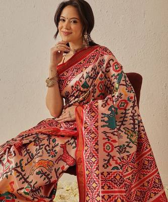 Pink woven art silk traditional saree with blouse piece 3