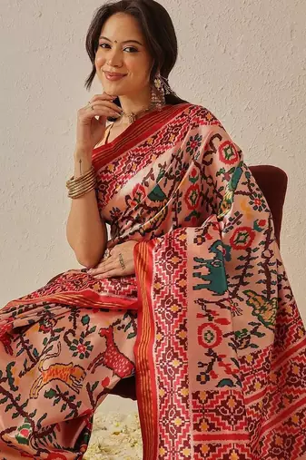 Pink woven art silk traditional saree with blouse piece