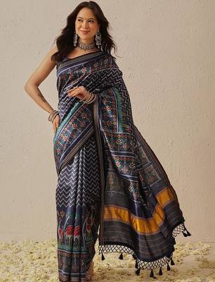 Navy blue printed art silk ethnic saree with blouse piece 1