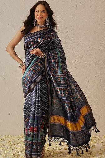 Navy blue printed art silk ethnic saree with blouse piece