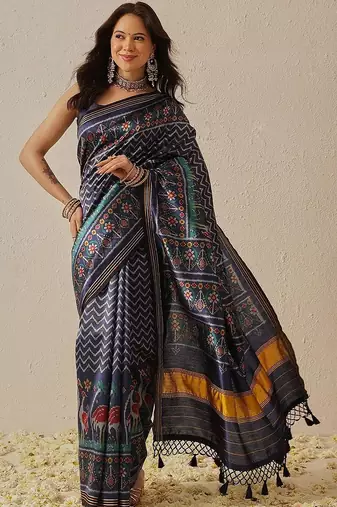 Navy blue printed art silk ethnic saree with blouse piece