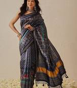 Navy blue printed art silk ethnic saree with blouse piece