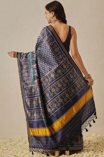 Navy blue printed art silk ethnic saree with blouse piece