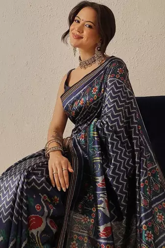 Navy blue printed art silk ethnic saree with blouse piece