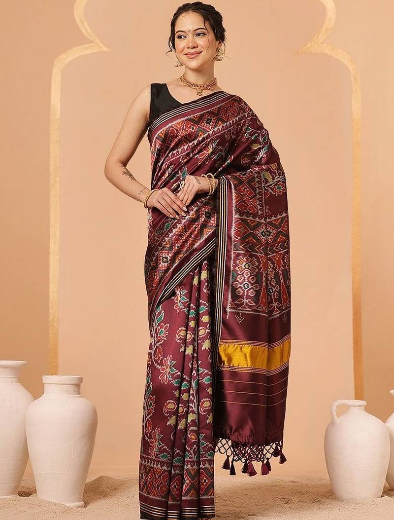 Maroon woven art silk traditional saree with blouse piece