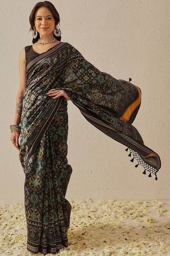 Black woven art silk traditional saree with blouse piece