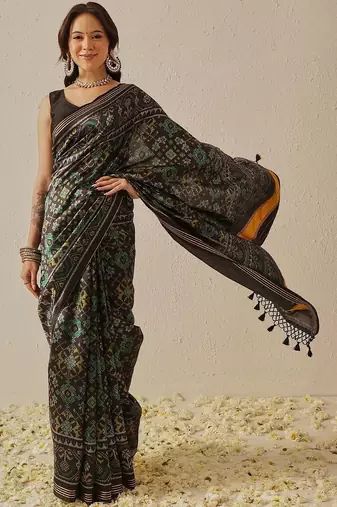 Black woven art silk traditional saree with blouse piece