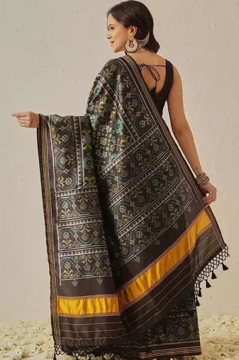 Black woven art silk traditional saree with blouse piece