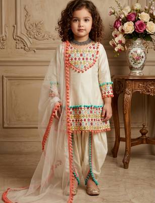 cream heavy dull satin salwar suit set with embroidery work with real mirrors work with heavy less - designer party wear 1