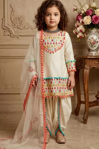 cream heavy dull satin salwar suit set with embroidery work with real mirrors work with heavy less - designer party wear