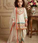 cream heavy dull satin salwar suit set with embroidery work with real mirrors work with heavy less - designer party wear