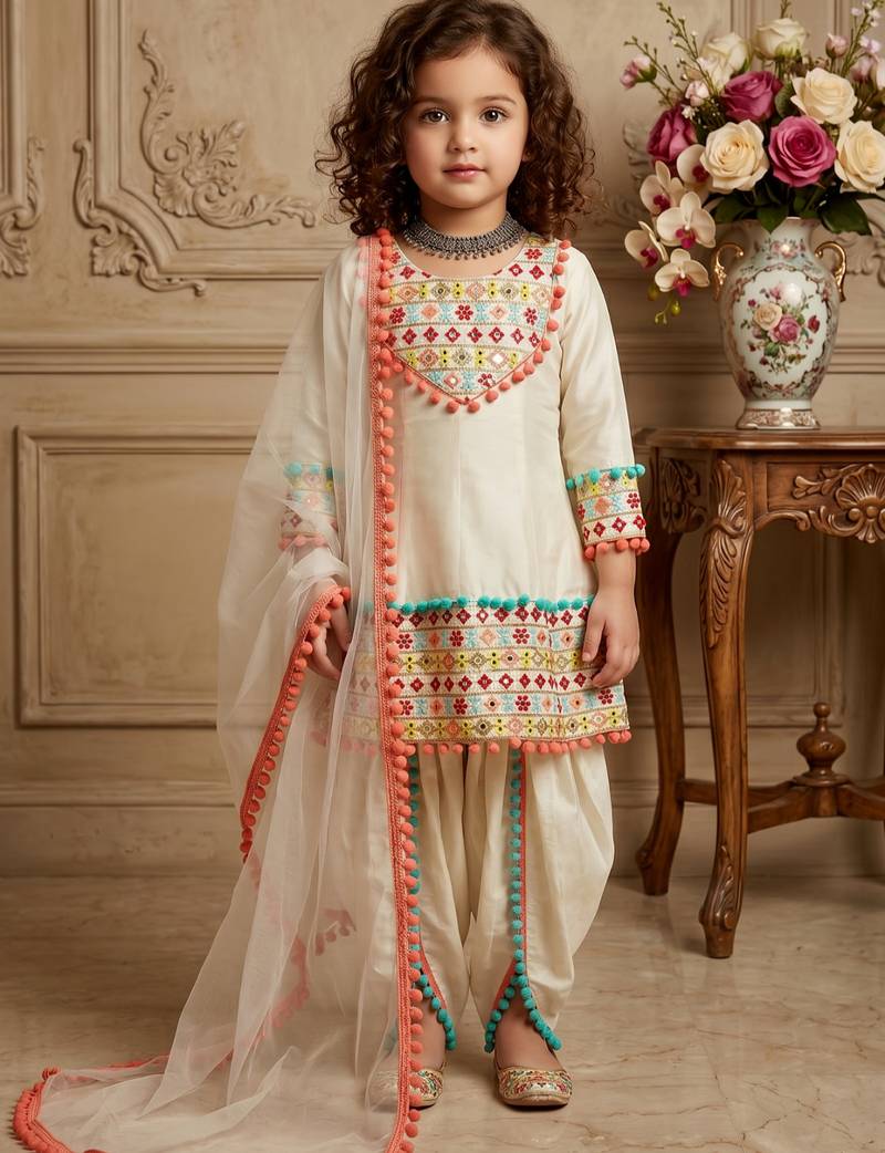 cream heavy dull satin salwar suit set with embroidery work with real mirrors work with heavy less - designer party wear